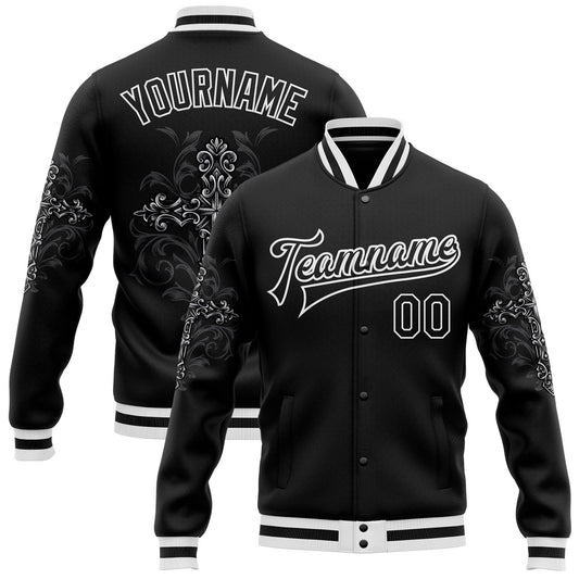 Custom Black White Gothic Crosses Bomber Full-Snap Varsity Letterman Jacket - Main View