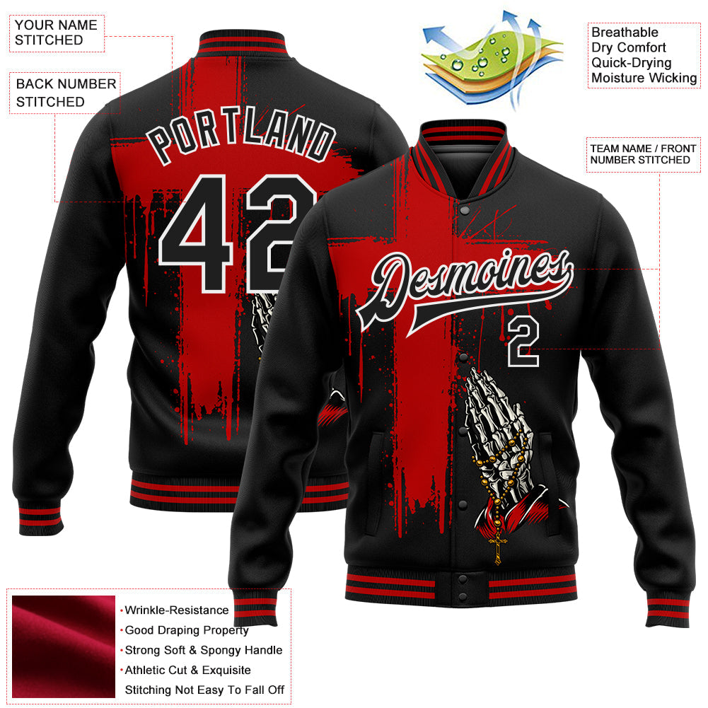 Custom Black Red-White Gothic Crosses Bomber Full-Snap Varsity Letterman Jacket view 4