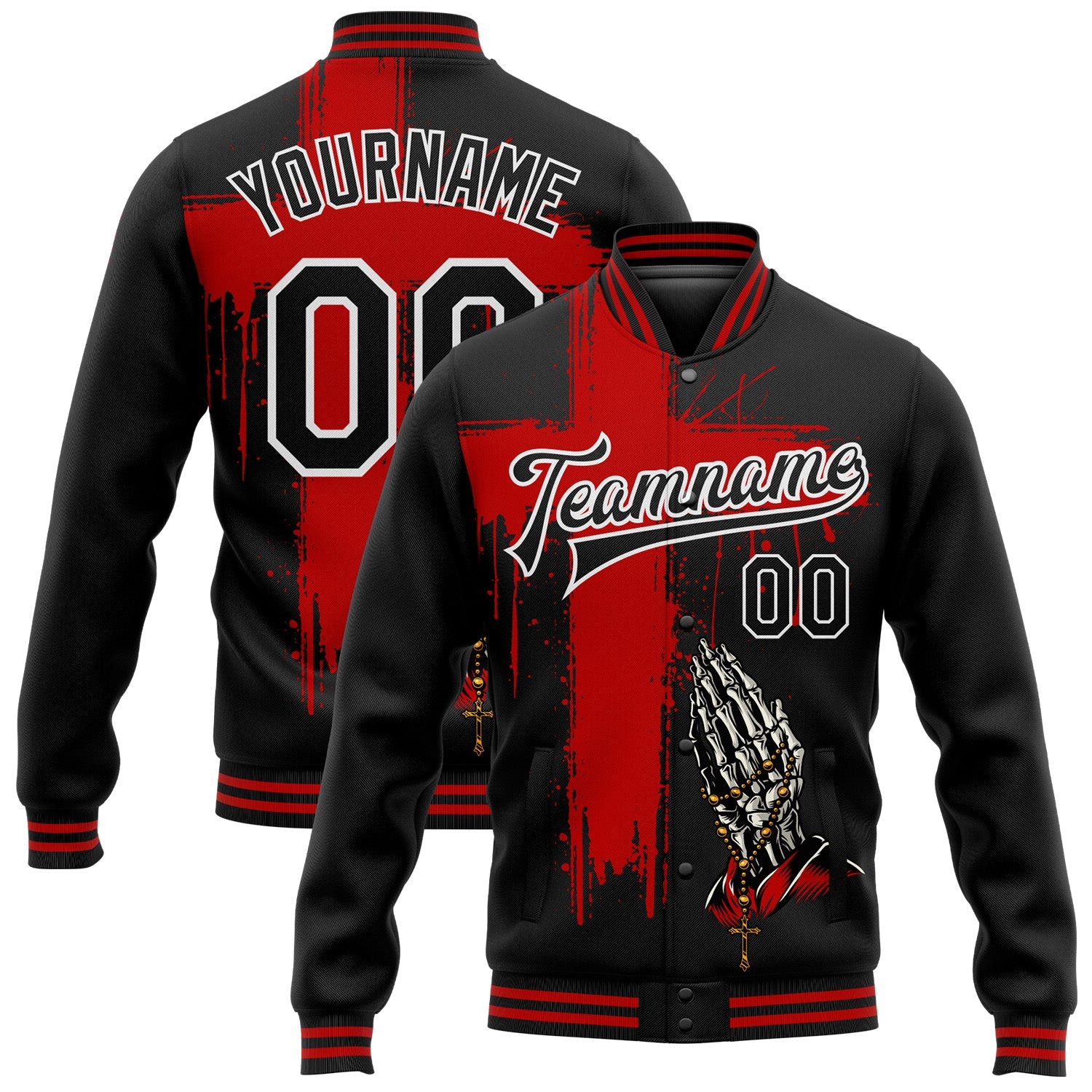 Custom Black Red-White Gothic Crosses Bomber Full-Snap Varsity Letterman Jacket - Main View