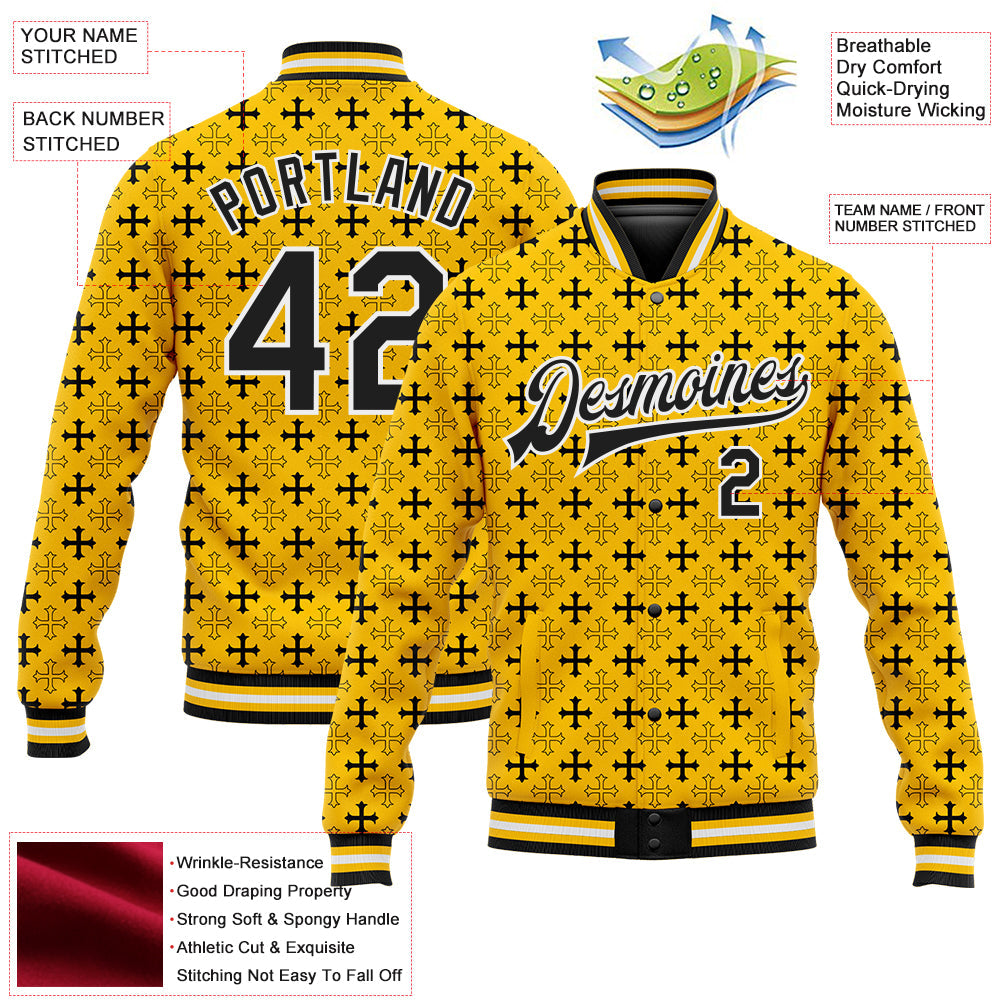 Custom Gold Black-White Gothic Crosses Bomber Full-Snap Varsity Letterman Jacket view 4