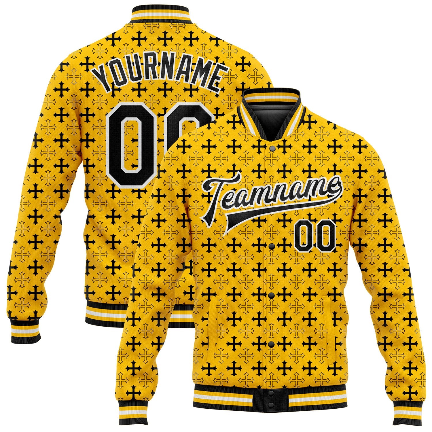 Custom Gold Black-White Gothic Crosses Bomber Full-Snap Varsity Letterman Jacket - Main View