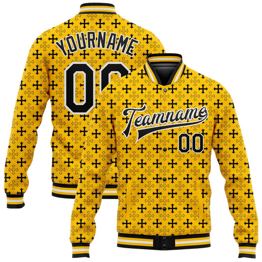 Custom Gold Black-White Gothic Crosses Bomber Full-Snap Varsity Letterman Jacket - Main View