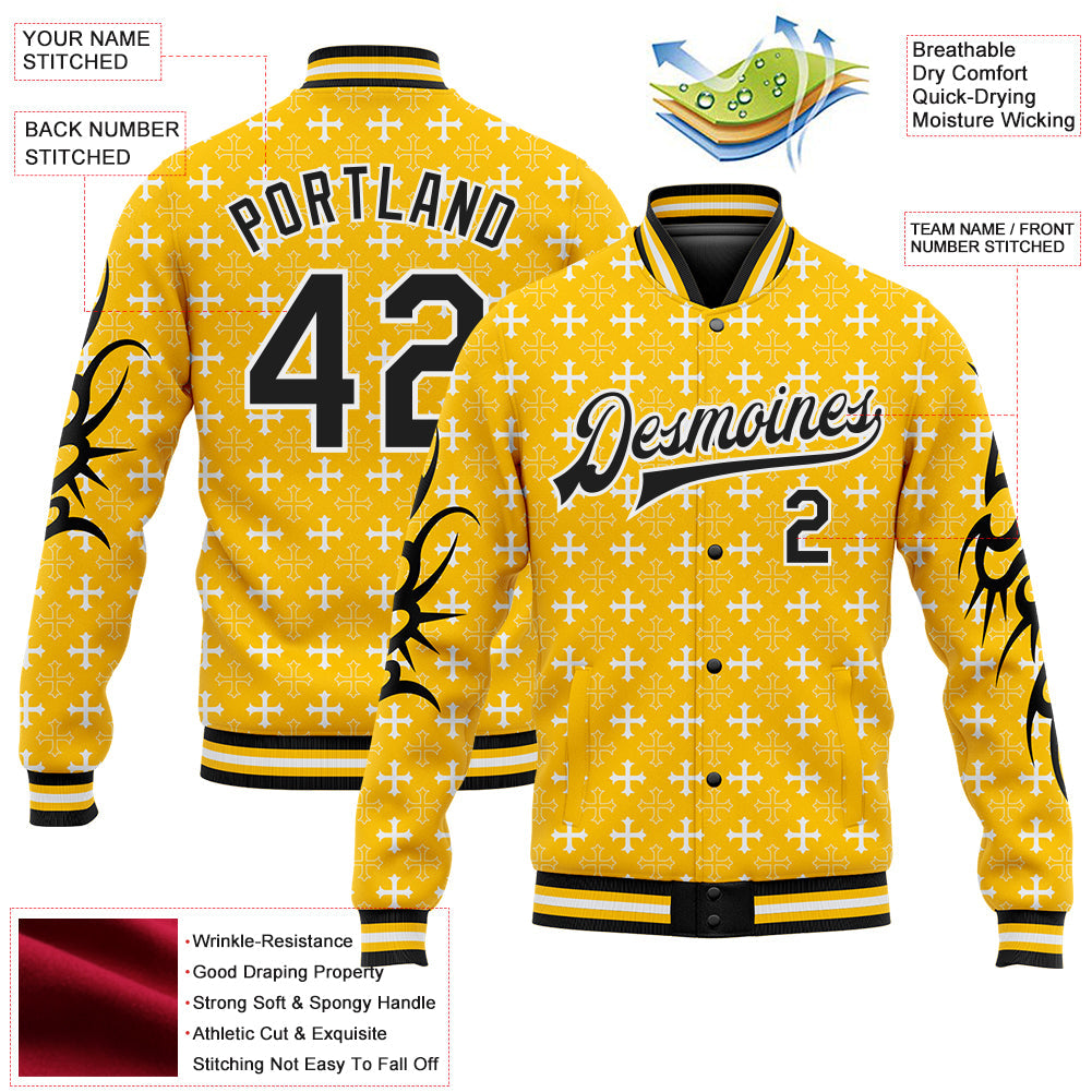 Custom Gold Black-White Gothic Crosses Bomber Full-Snap Varsity Letterman Jacket view 4