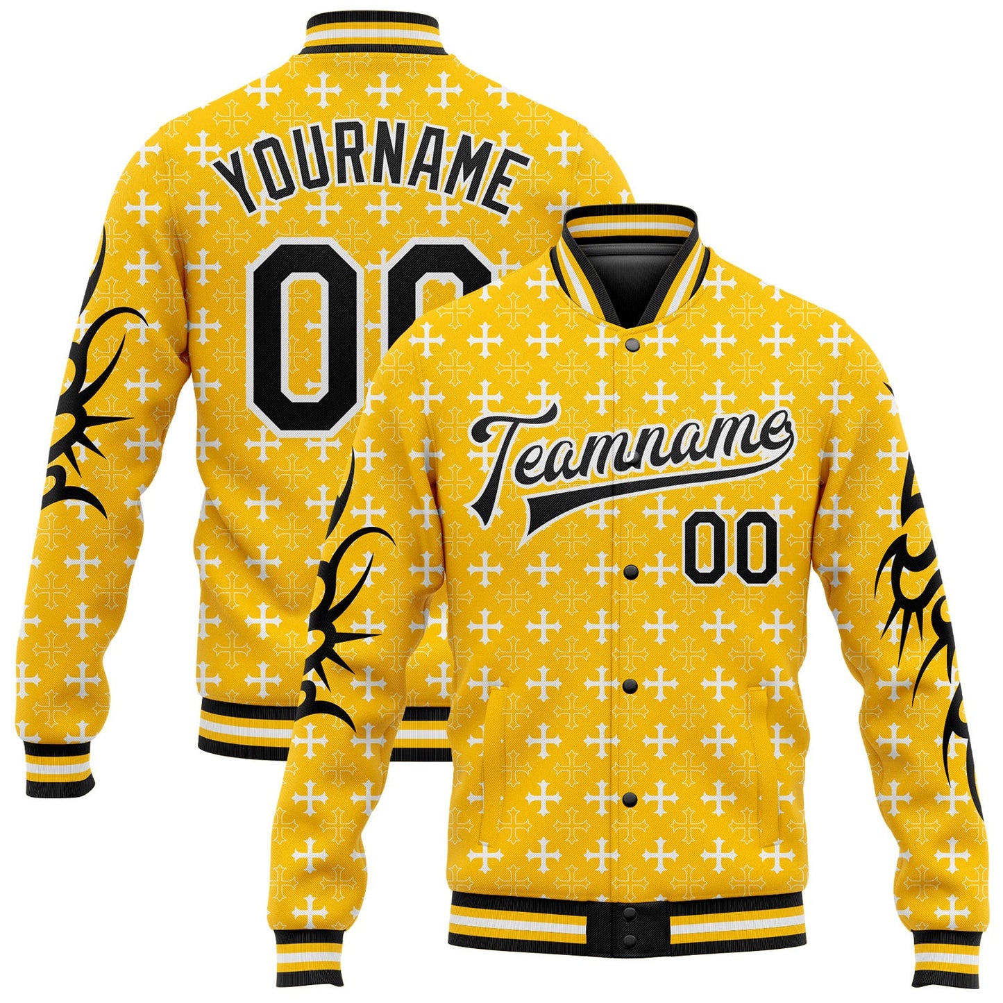 Custom Gold Black-White Gothic Crosses Bomber Full-Snap Varsity Letterman Jacket - Main View