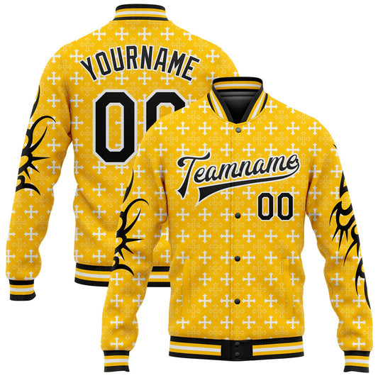Custom Gold Black-White Gothic Crosses Bomber Full-Snap Varsity Letterman Jacket - Main View