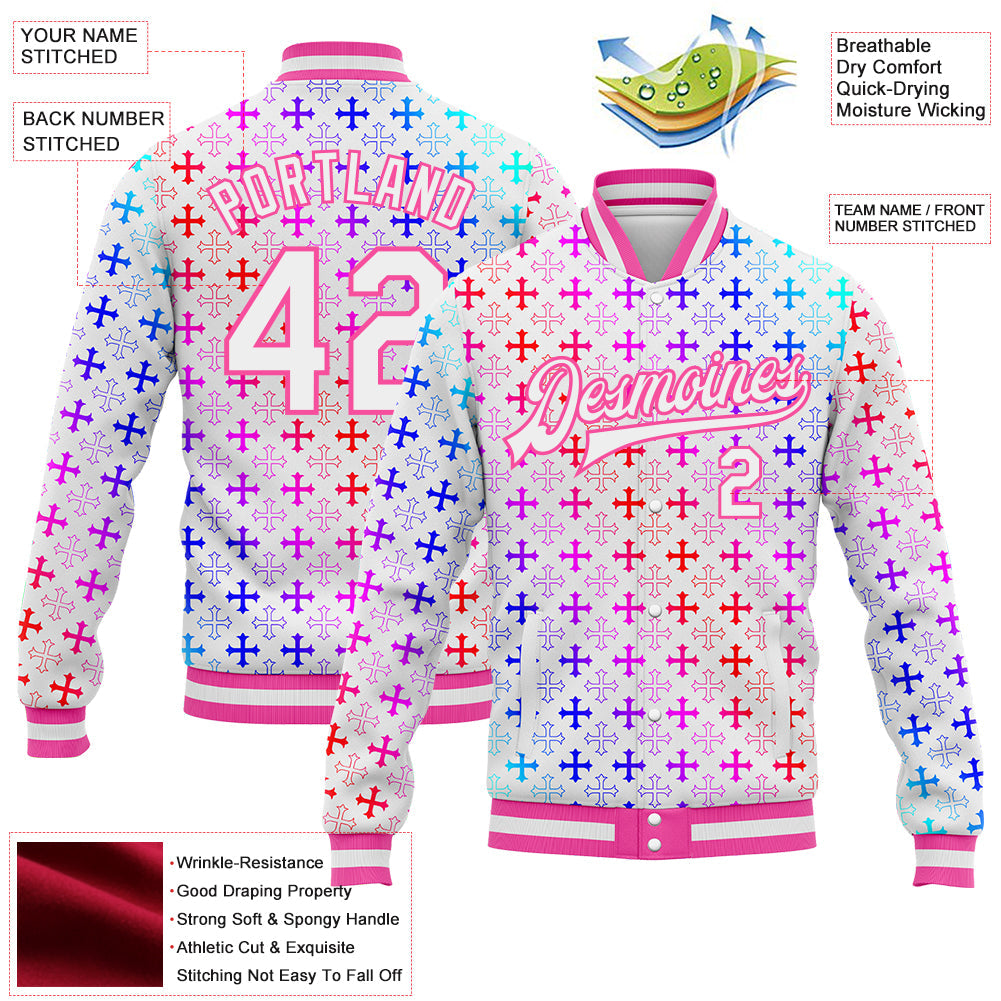 Custom White Pink Gothic Gradient Crosses Bomber Full-Snap Varsity Letterman Jacket view 4