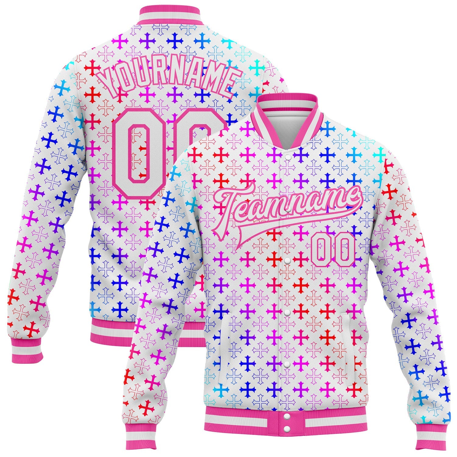Custom White Pink Gothic Gradient Crosses Bomber Full-Snap Varsity Letterman Jacket - Main View