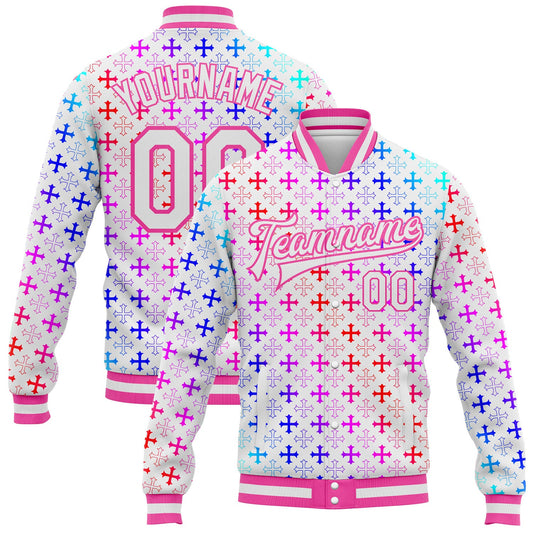 Custom White Pink Gothic Gradient Crosses Bomber Full-Snap Varsity Letterman Jacket - Main View