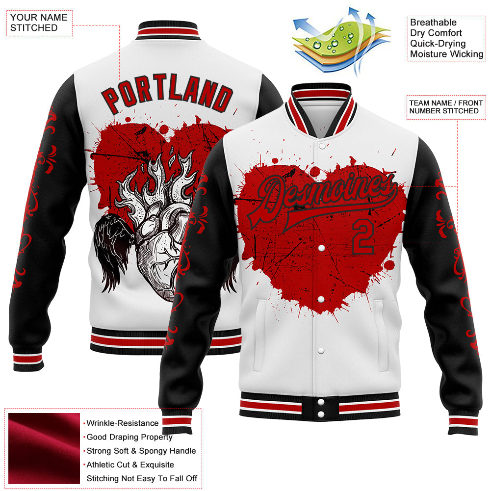 Custom White Red-Black Gothic Grunge Splash Heart Bomber Full-Snap Varsity Letterman Jacket view 4
