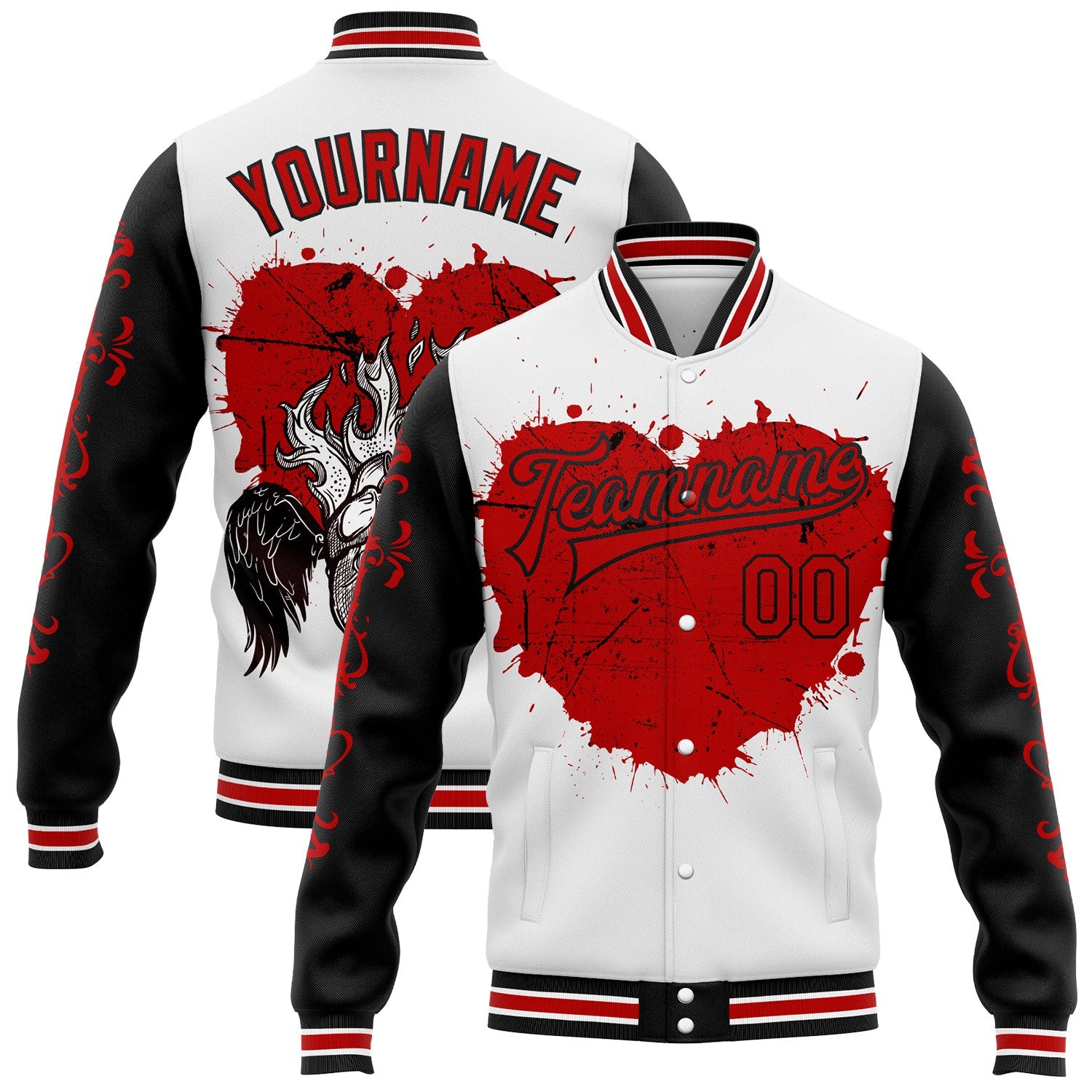 Custom White Red-Black Gothic Grunge Splash Heart Bomber Full-Snap Varsity Letterman Jacket - Main View