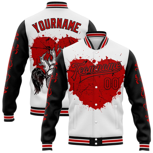 Custom White Red-Black Gothic Grunge Splash Heart Bomber Full-Snap Varsity Letterman Jacket - Main View