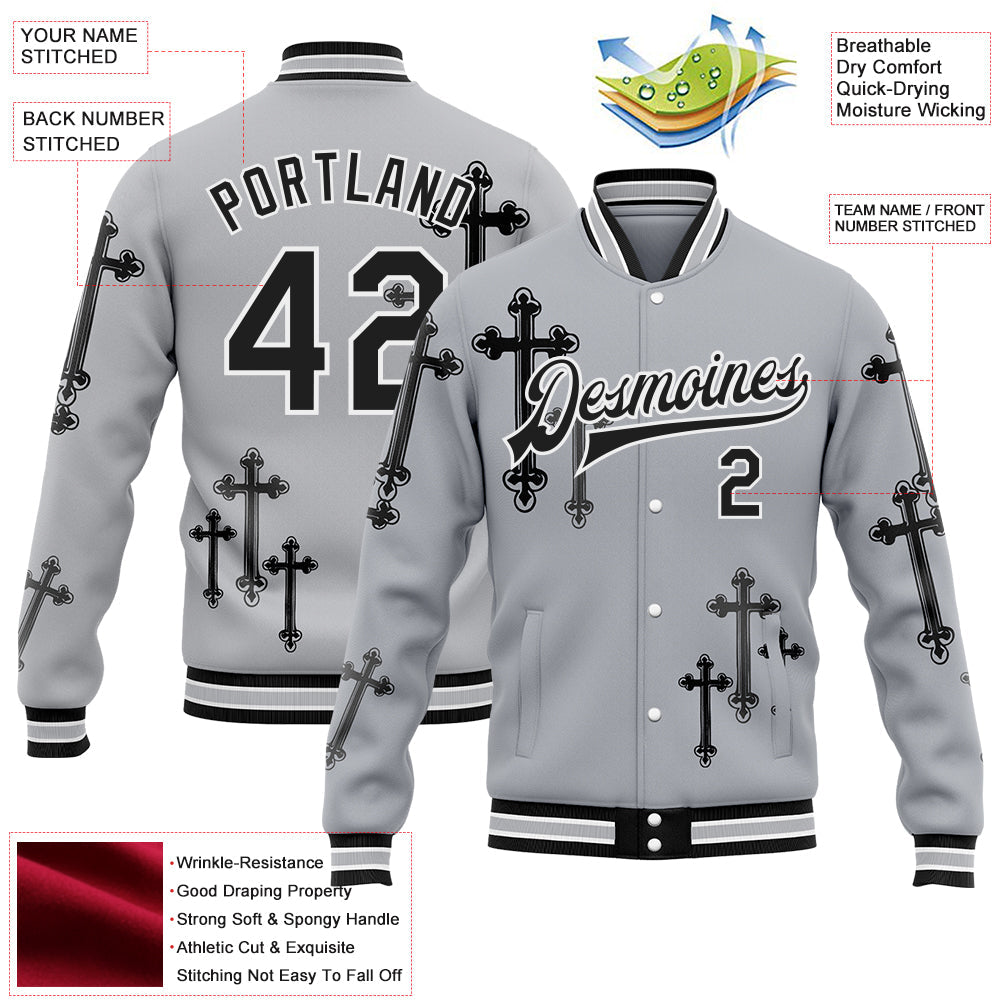 Custom Gray Black-White Gothic Crosses Bomber Full-Snap Varsity Letterman Jacket view 4
