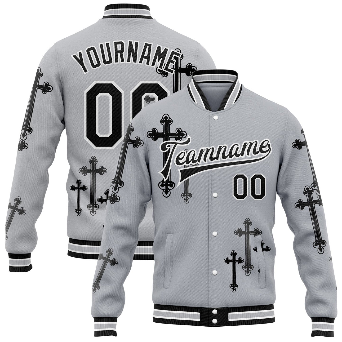 Custom Gray Black-White Gothic Crosses Bomber Full-Snap Varsity Letterman Jacket - Main View