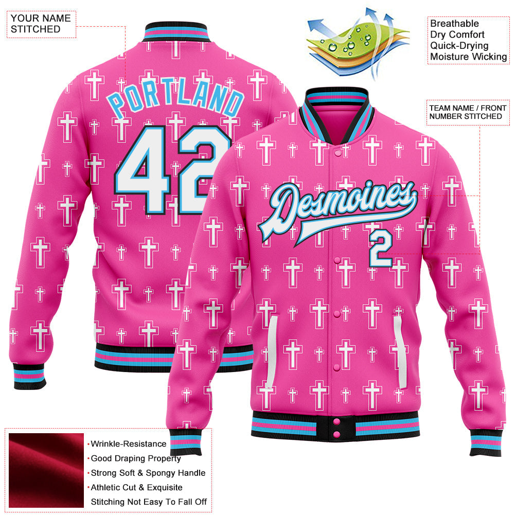 Custom Pink White Sky Blue-Black Gothic Crosses Bomber Full-Snap Varsity Letterman Jacket view 4