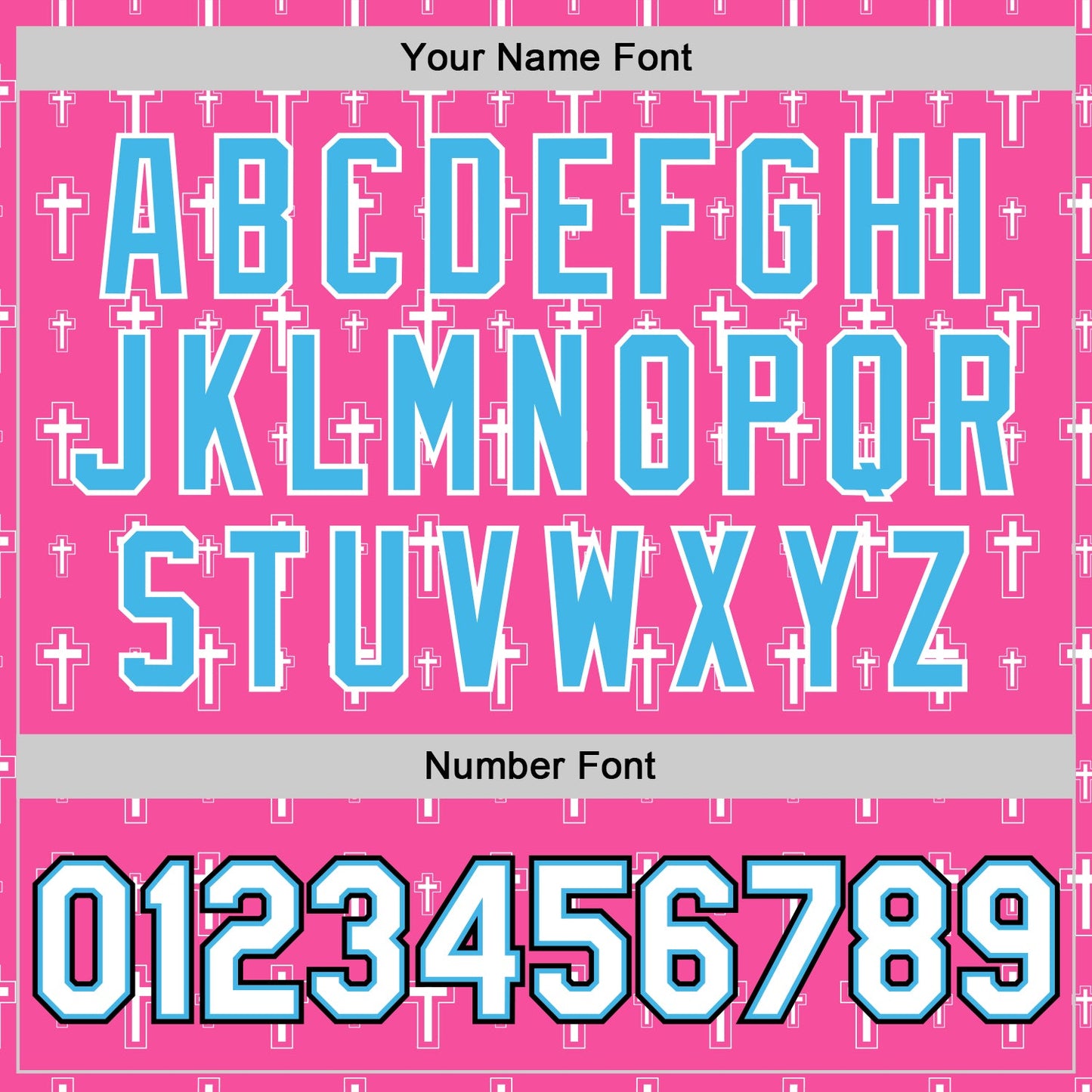 Custom Pink White Sky Blue-Black Gothic Crosses Bomber Full-Snap Varsity Letterman Jacket view 6