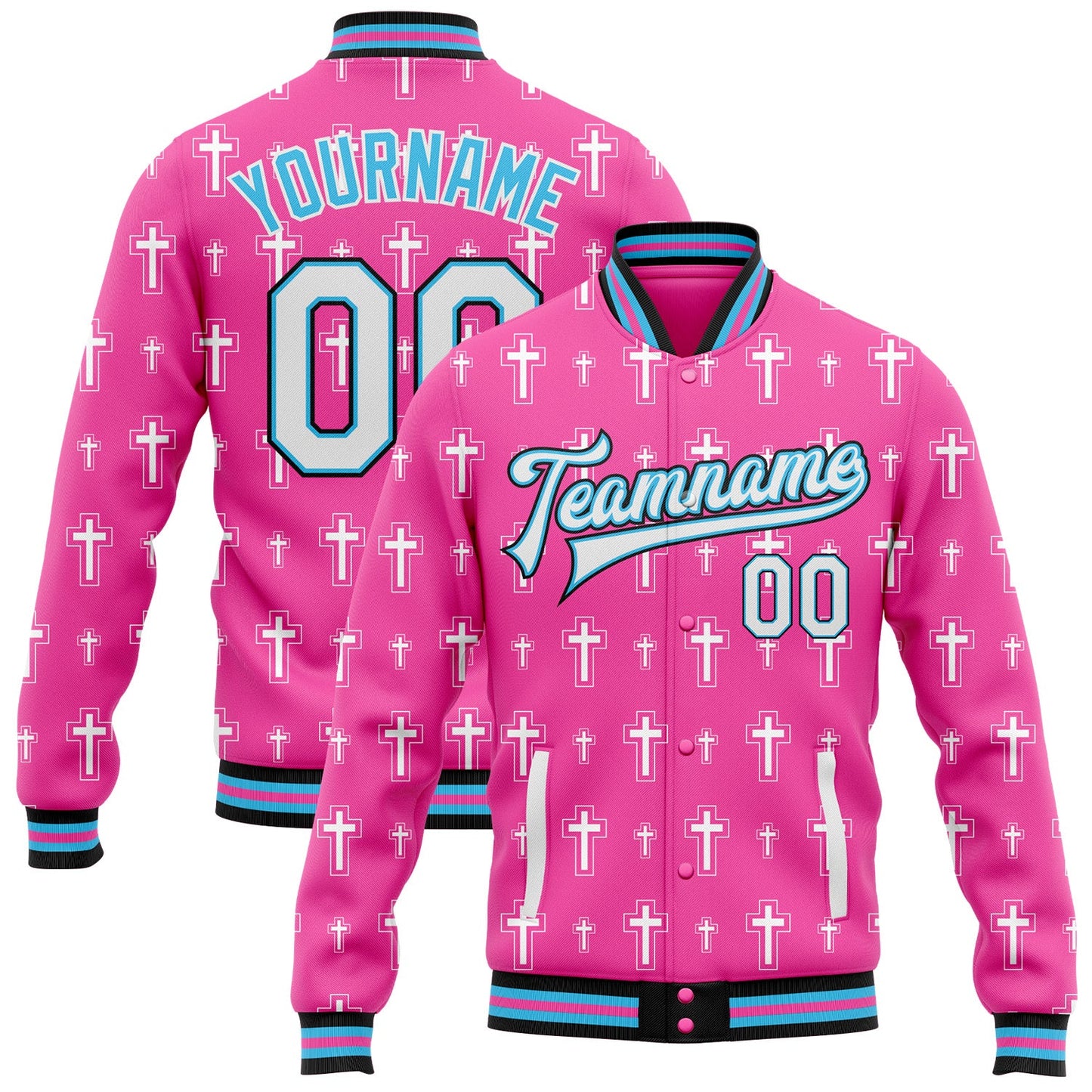 Custom Pink White Sky Blue-Black Gothic Crosses Bomber Full-Snap Varsity Letterman Jacket - Main View
