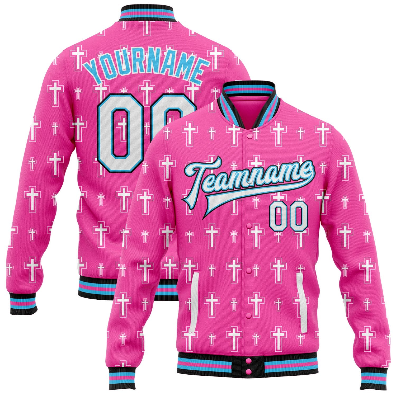 Custom Pink White Sky Blue-Black Gothic Crosses Bomber Full-Snap Varsity Letterman Jacket - Main View