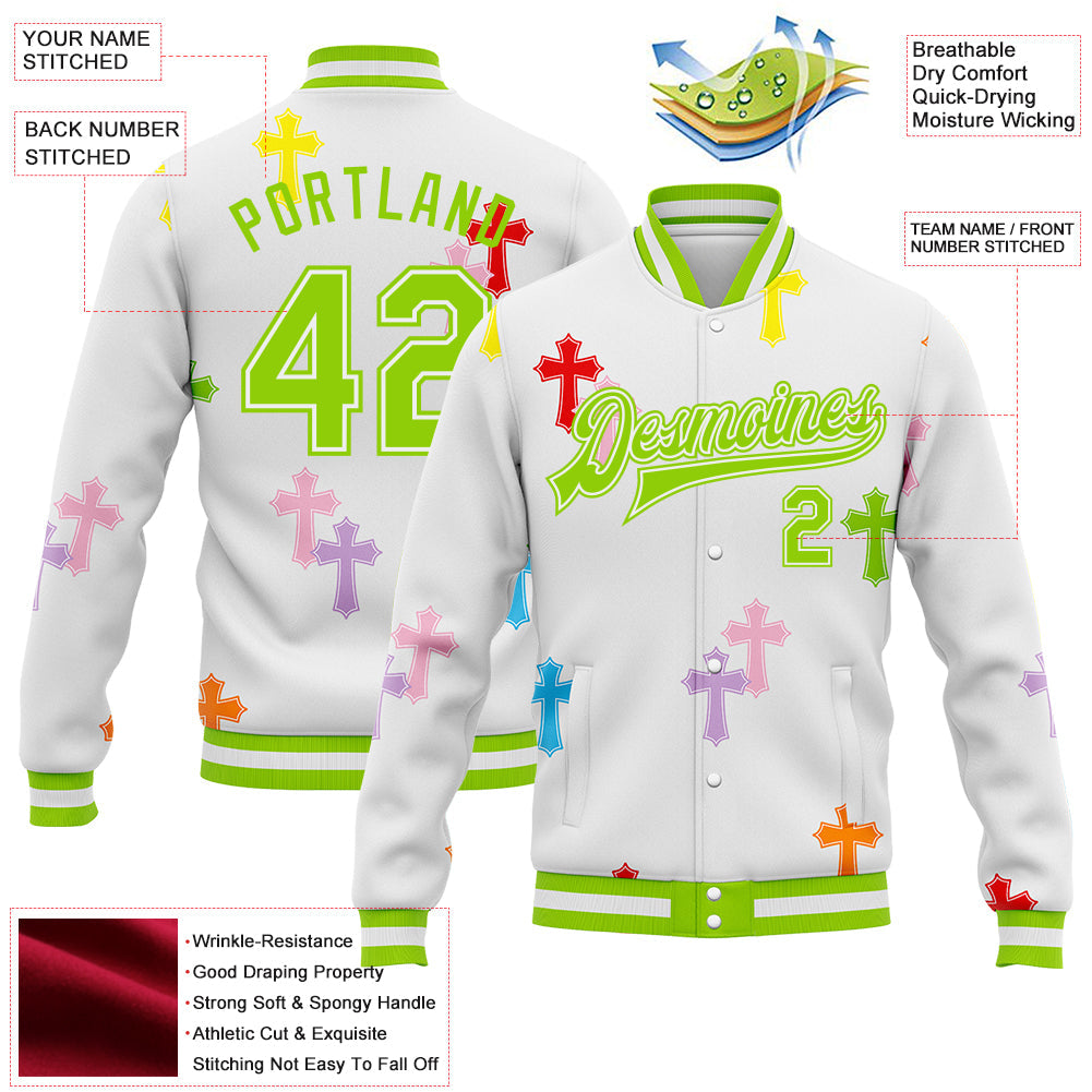 Custom White Neon Green Gothic Crosses Bomber Full-Snap Varsity Letterman Jacket view 4