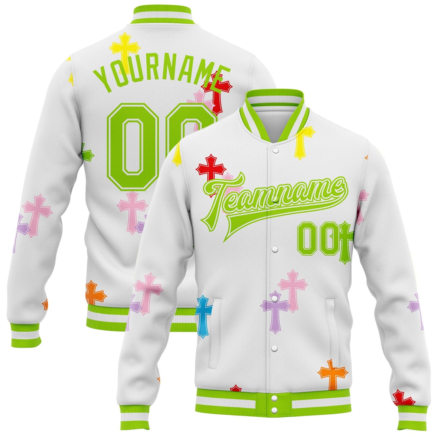 Custom White Neon Green Gothic Crosses Bomber Full-Snap Varsity Letterman Jacket - Main View