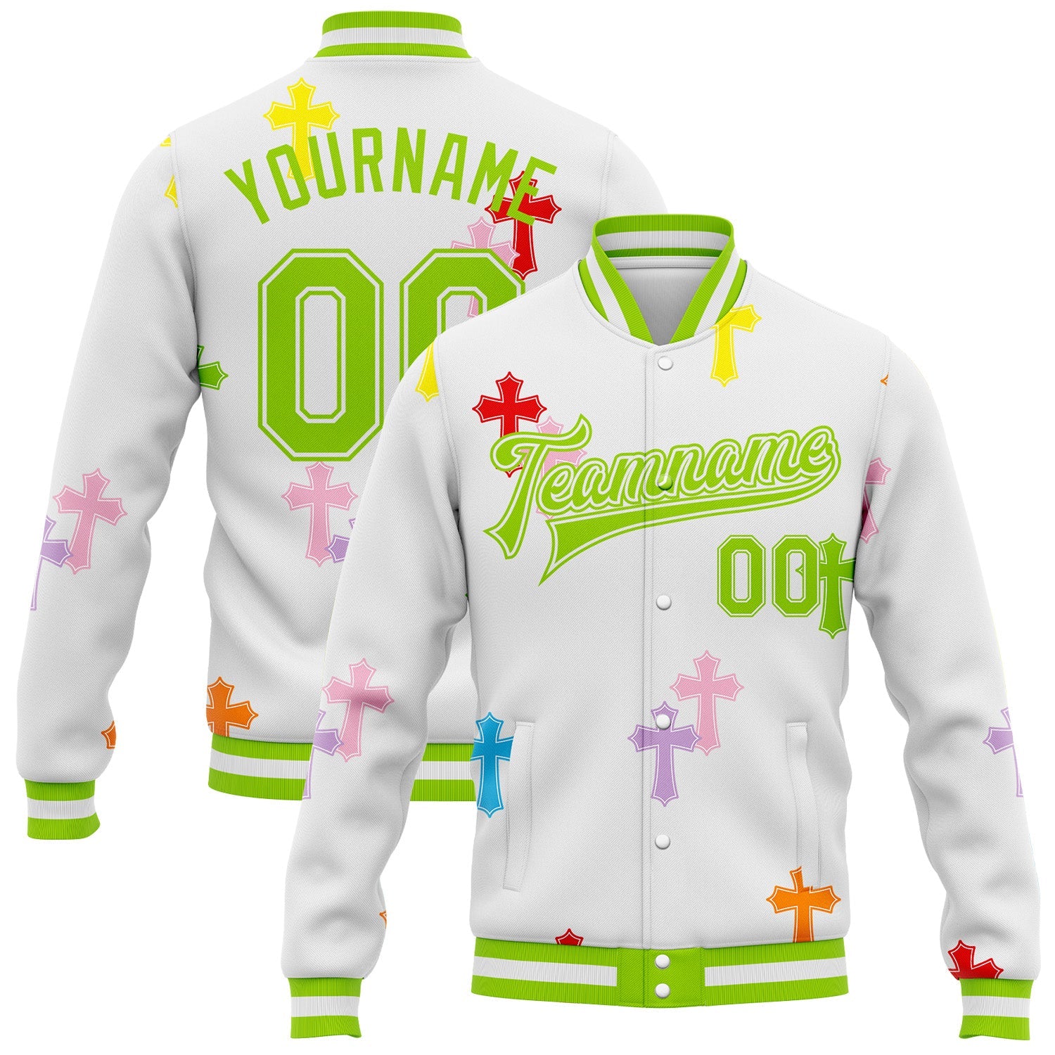 Custom White Neon Green Gothic Crosses Bomber Full-Snap Varsity Letterman Jacket - Main View