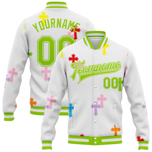 Custom White Neon Green Gothic Crosses Bomber Full-Snap Varsity Letterman Jacket - Main View
