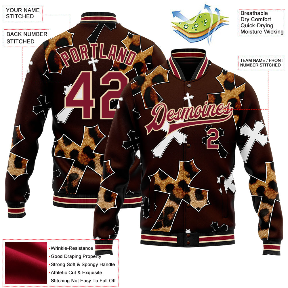 Custom Brown Crimson City Cream-Black Gothic Leopard Print Crosses Bomber Full-Snap Varsity Letterman Jacket view 4
