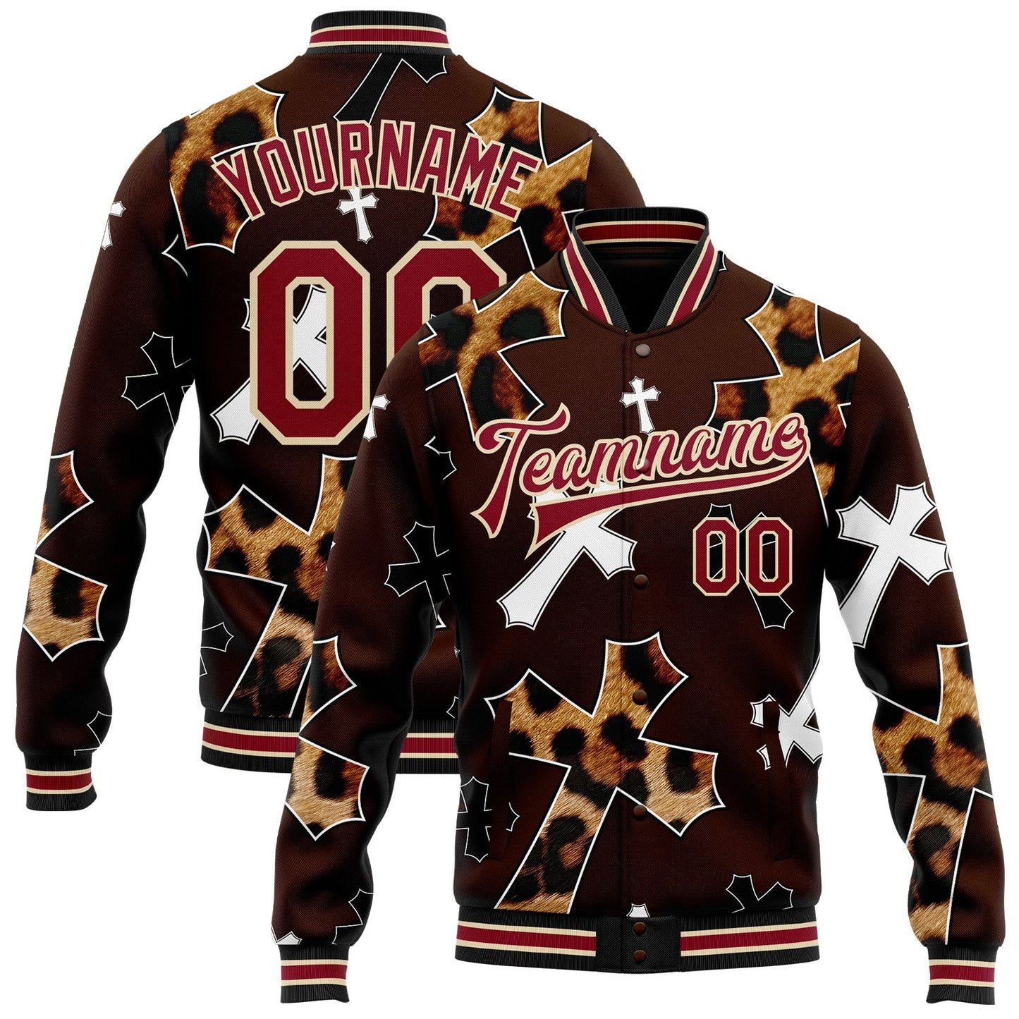 Custom Brown Crimson City Cream-Black Gothic Leopard Print Crosses Bomber Full-Snap Varsity Letterman Jacket - Main View