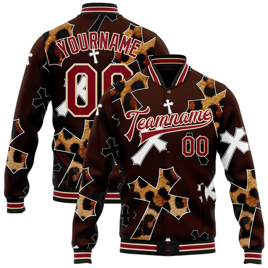 Custom Brown Crimson City Cream-Black Gothic Leopard Print Crosses Bomber Full-Snap Varsity Letterman Jacket - Main View