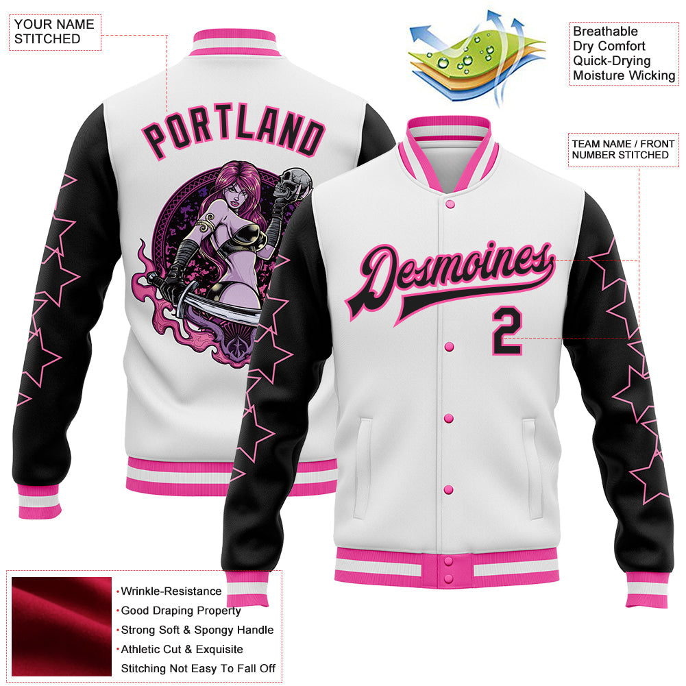 Custom White Black-Pink Y2K Stars Bomber Full-Snap Varsity Letterman Jacket view 4