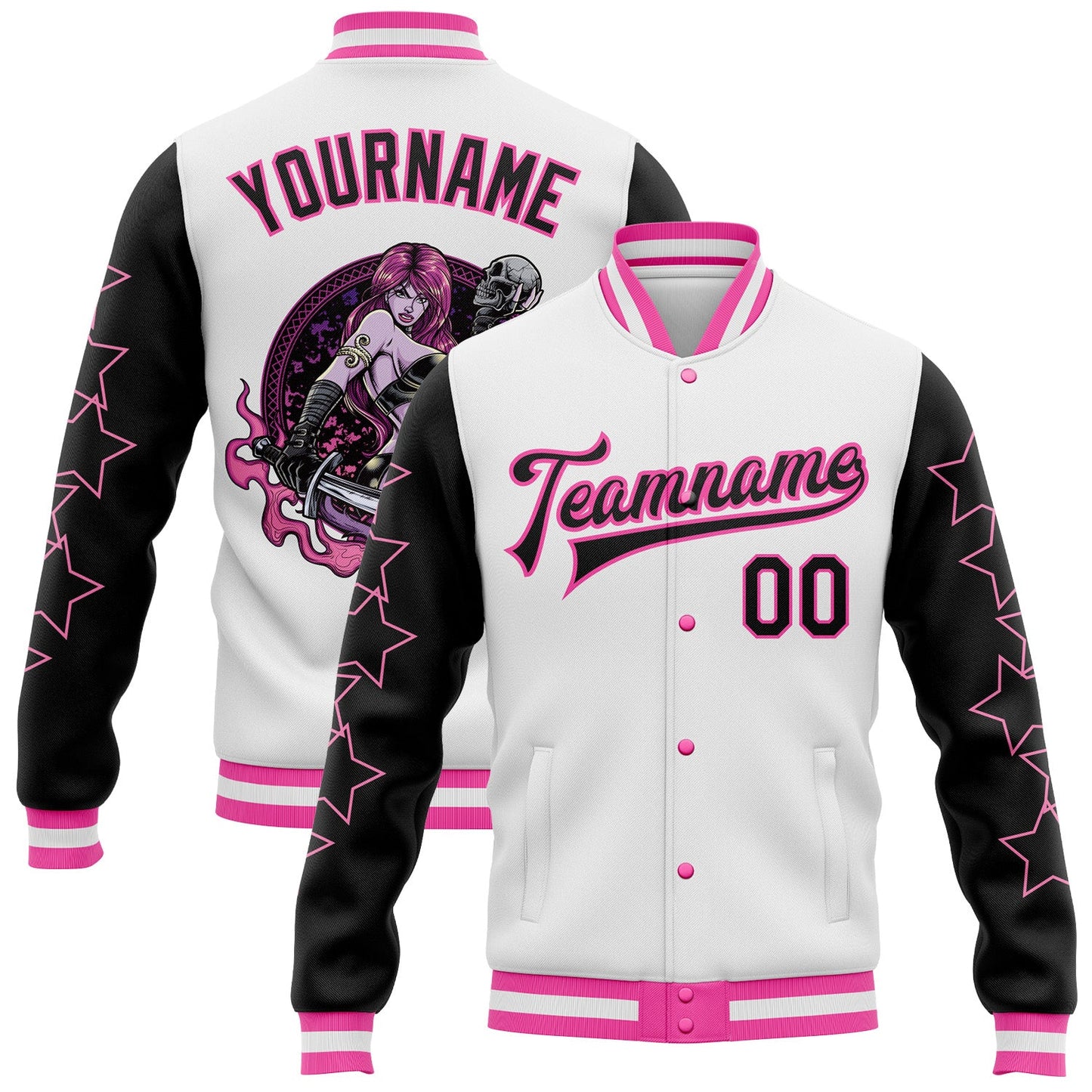 Custom White Black-Pink Y2K Stars Bomber Full-Snap Varsity Letterman Jacket - Main View