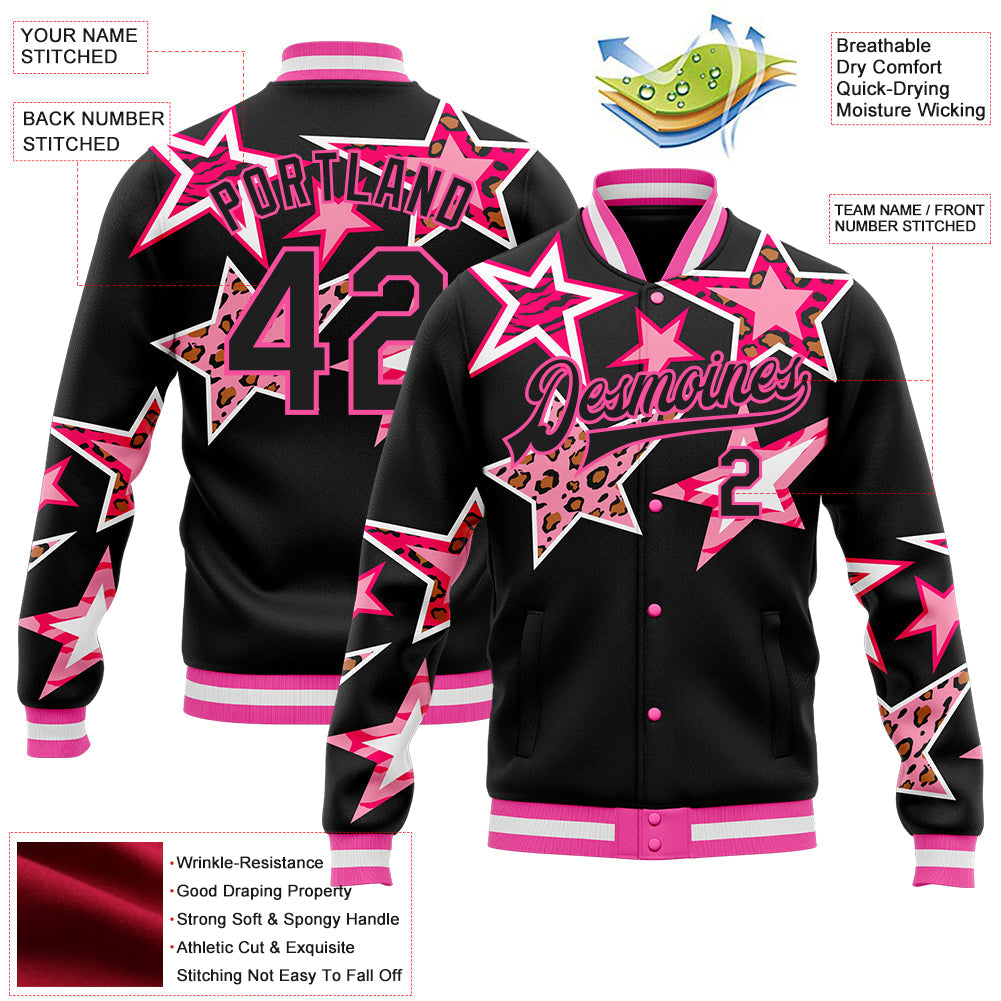 Custom Black Pink Y2K Stars Bomber Full-Snap Varsity Letterman Jacket view 4