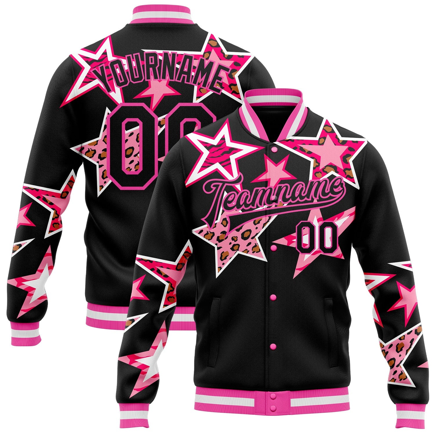 Custom Black Pink Y2K Stars Bomber Full-Snap Varsity Letterman Jacket - Main View