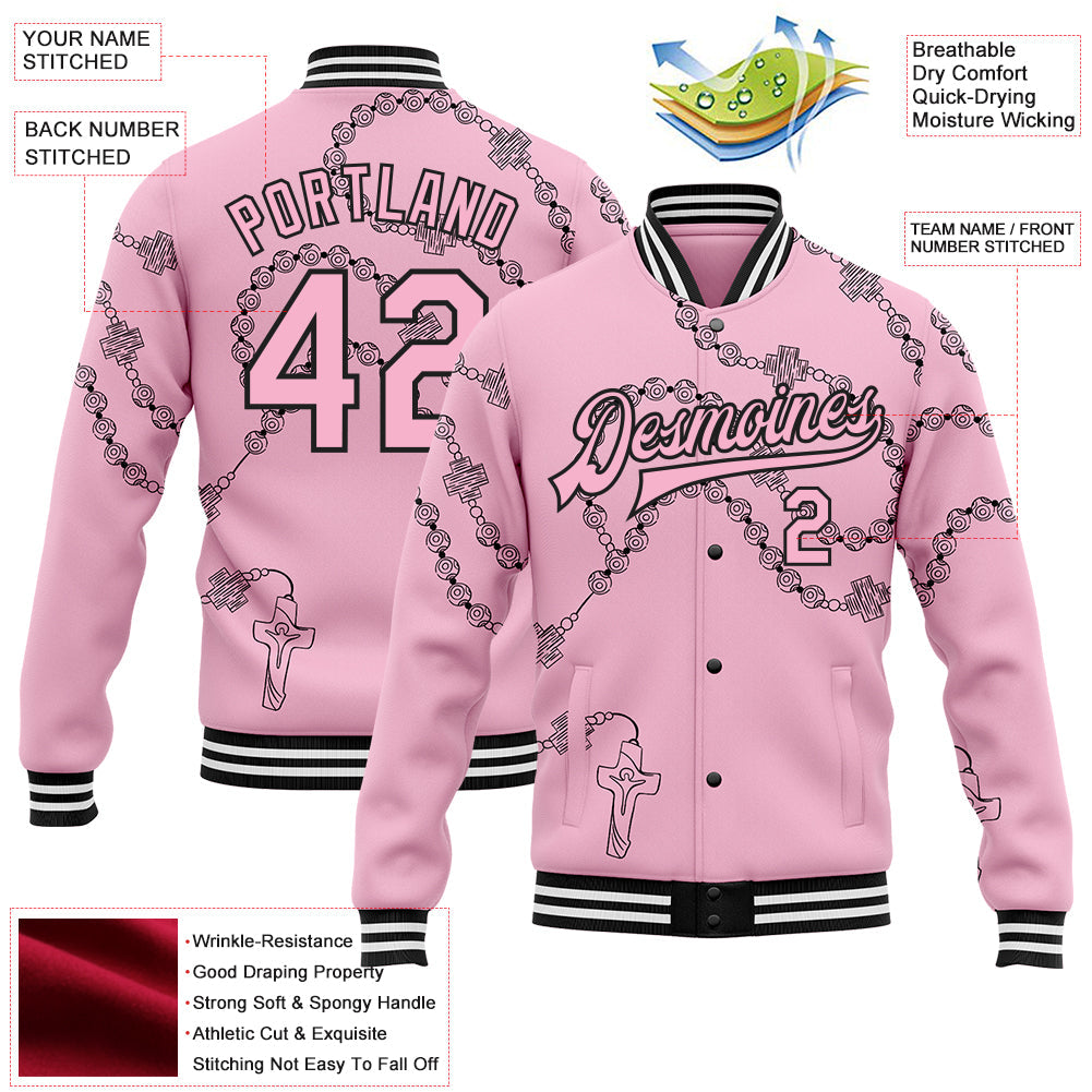 Custom Light Pink Black-White Gothic Crosses Bomber Full-Snap Varsity Letterman Jacket view 4