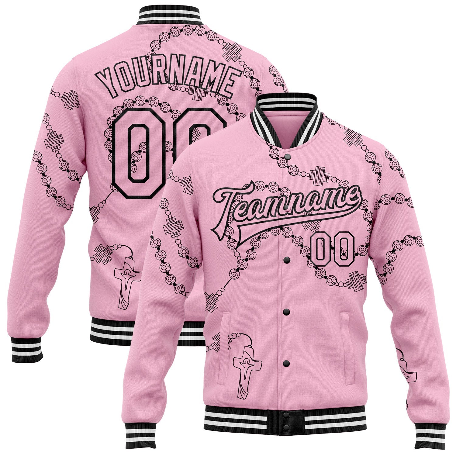 Custom Light Pink Black-White Gothic Crosses Bomber Full-Snap Varsity Letterman Jacket - Main View