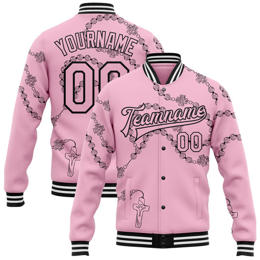 Custom Light Pink Black-White Gothic Crosses Bomber Full-Snap Varsity Letterman Jacket - Main View