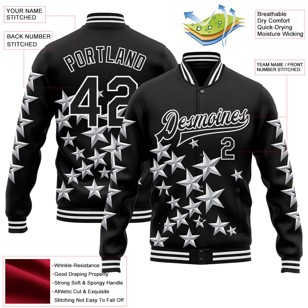 Custom Black White Y2K Stars Bomber Full-Snap Varsity Letterman Jacket view 4