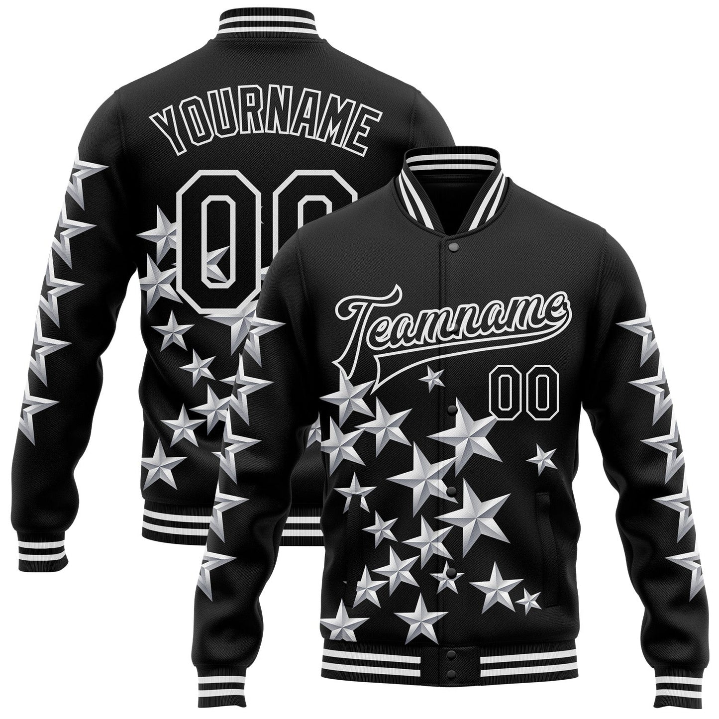 Custom Black White Y2K Stars Bomber Full-Snap Varsity Letterman Jacket - Main View