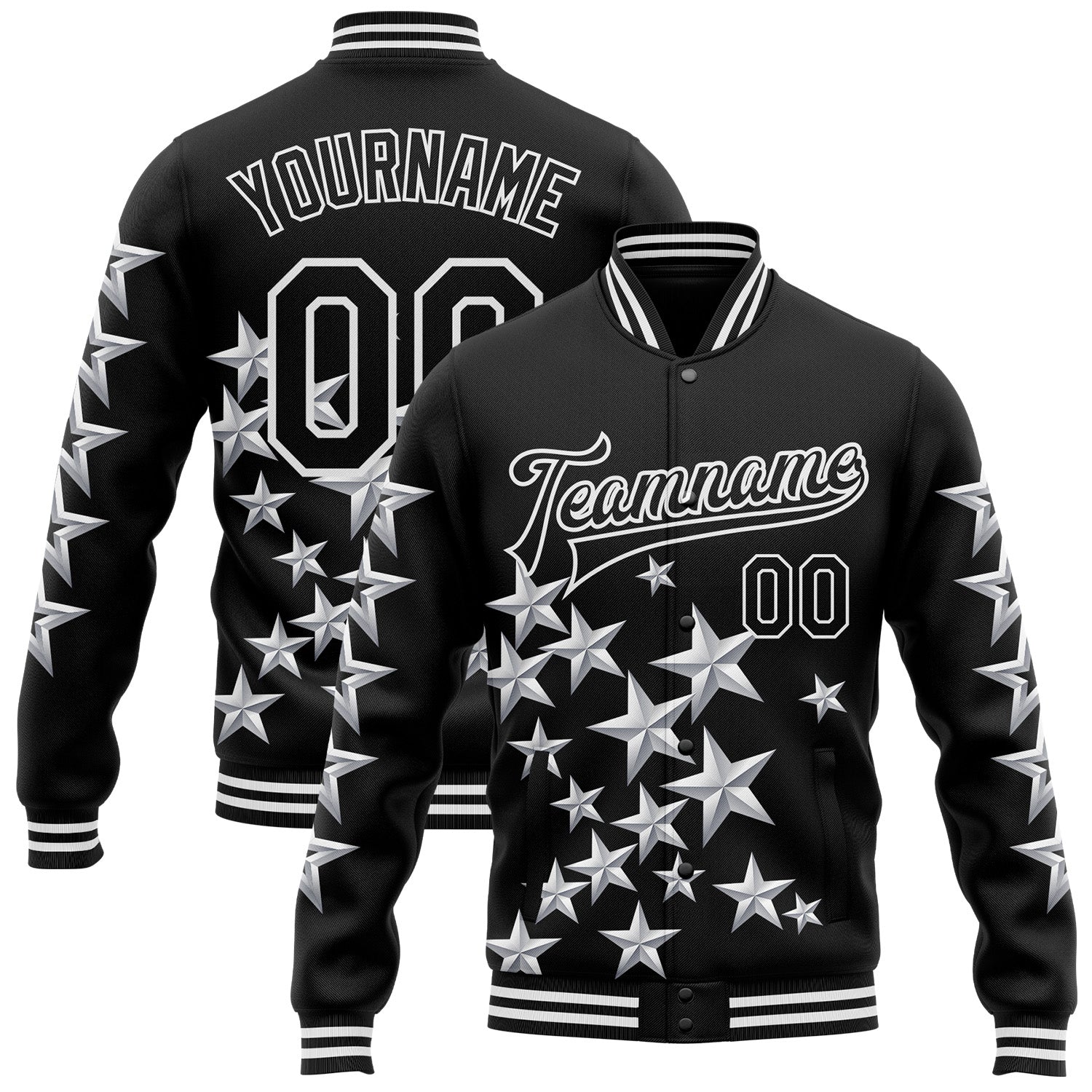 Custom Black White Y2K Stars Bomber Full-Snap Varsity Letterman Jacket - Main View