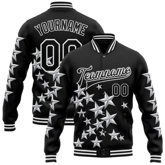 Custom Black White Y2K Stars Bomber Full-Snap Varsity Letterman Jacket - Main View