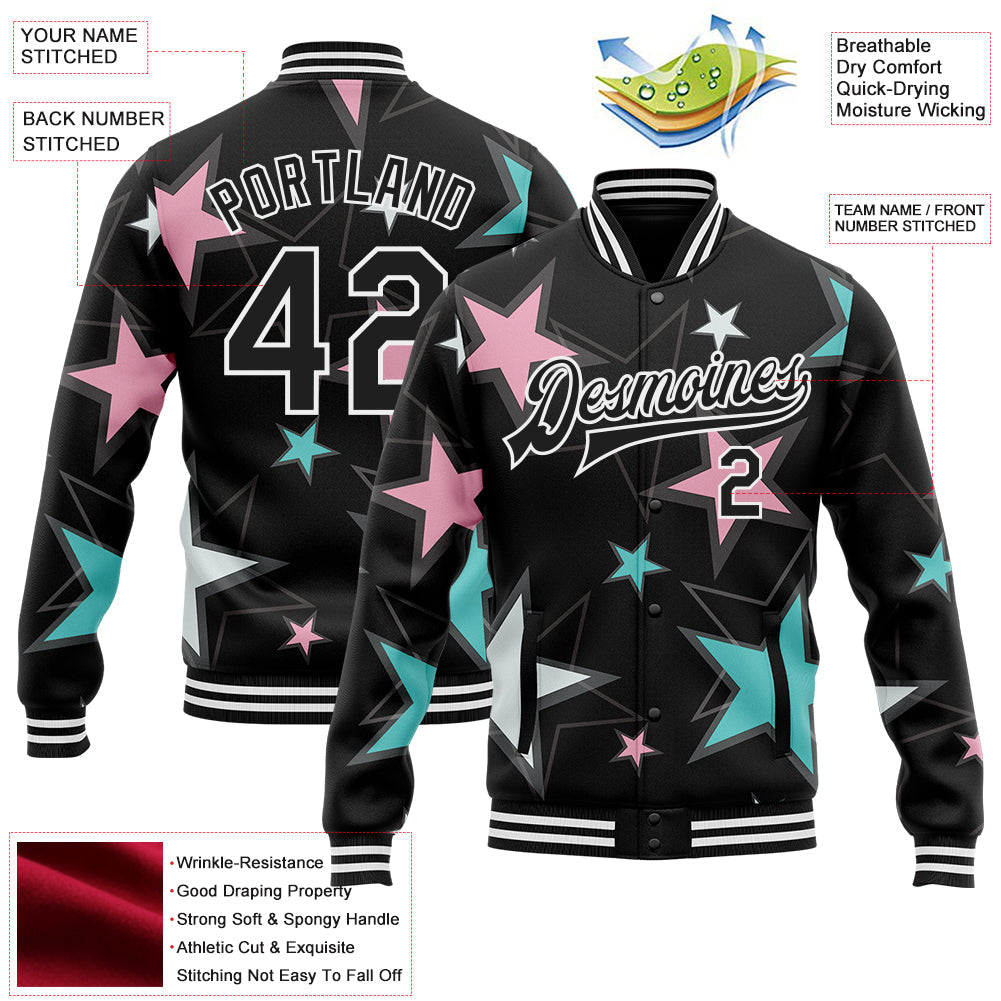 Custom Black White Y2K Stars Bomber Full-Snap Varsity Letterman Jacket view 4