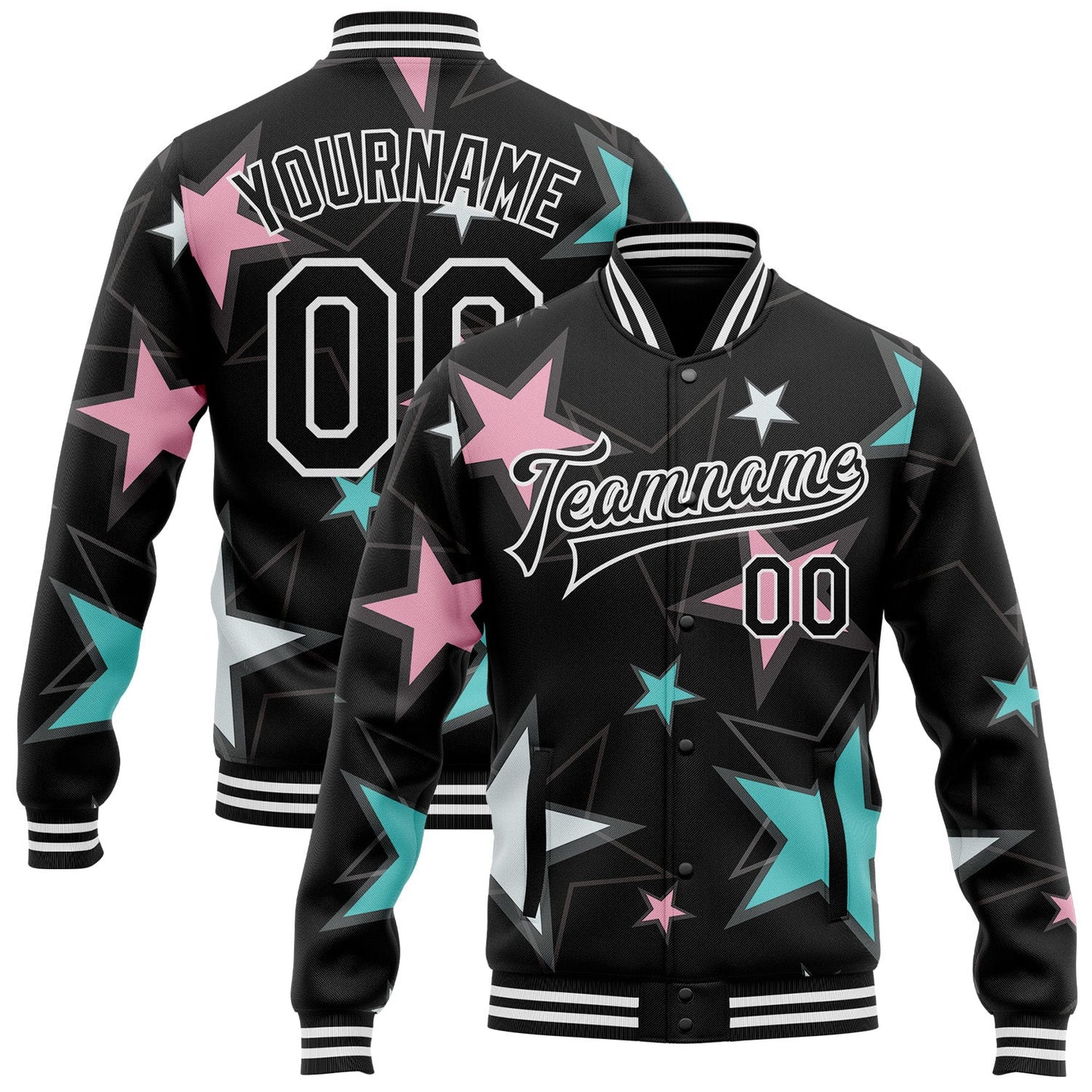 Custom Black White Y2K Stars Bomber Full-Snap Varsity Letterman Jacket - Main View