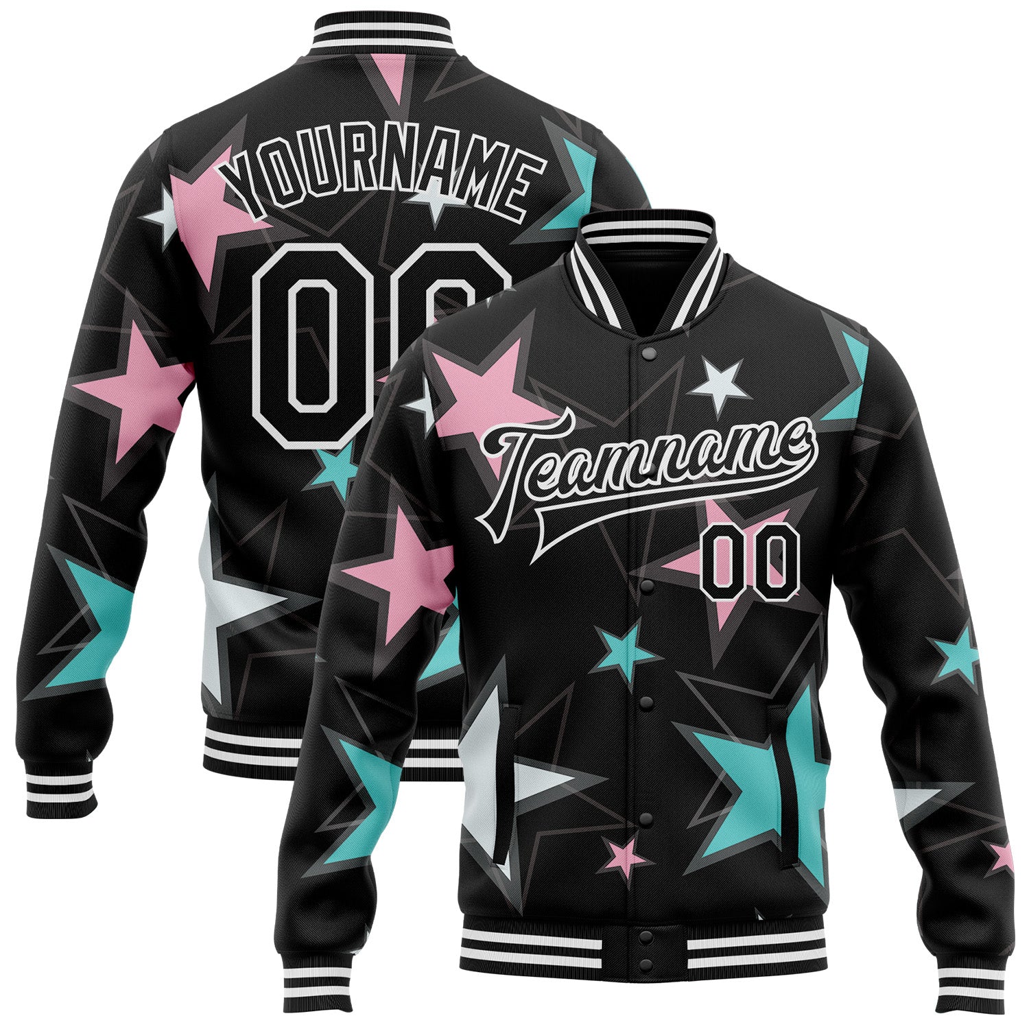 Custom Black White Y2K Stars Bomber Full-Snap Varsity Letterman Jacket - Main View