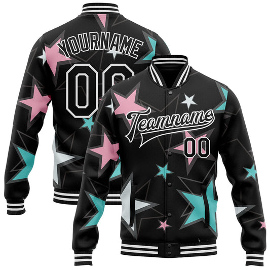 Custom Black White Y2K Stars Bomber Full-Snap Varsity Letterman Jacket - Main View