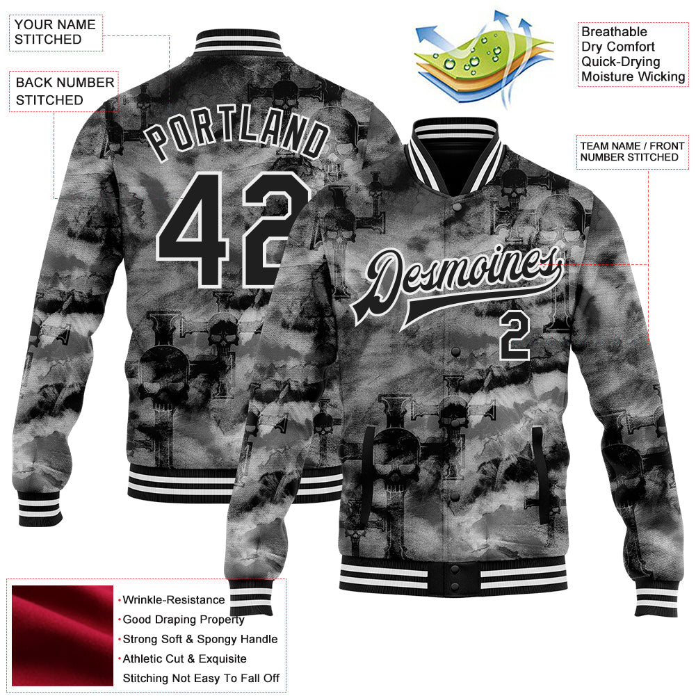 Custom Tie Dye Black-White Gothic Crosses Bomber Full-Snap Varsity Letterman Jacket view 4