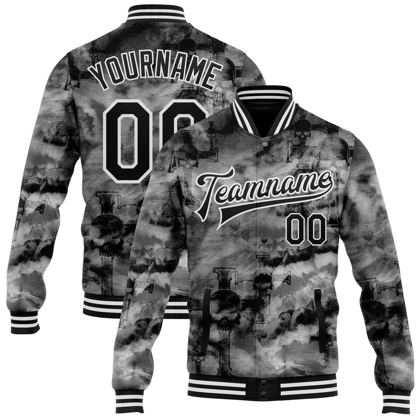 Custom Tie Dye Black-White Gothic Crosses Bomber Full-Snap Varsity Letterman Jacket - Main View