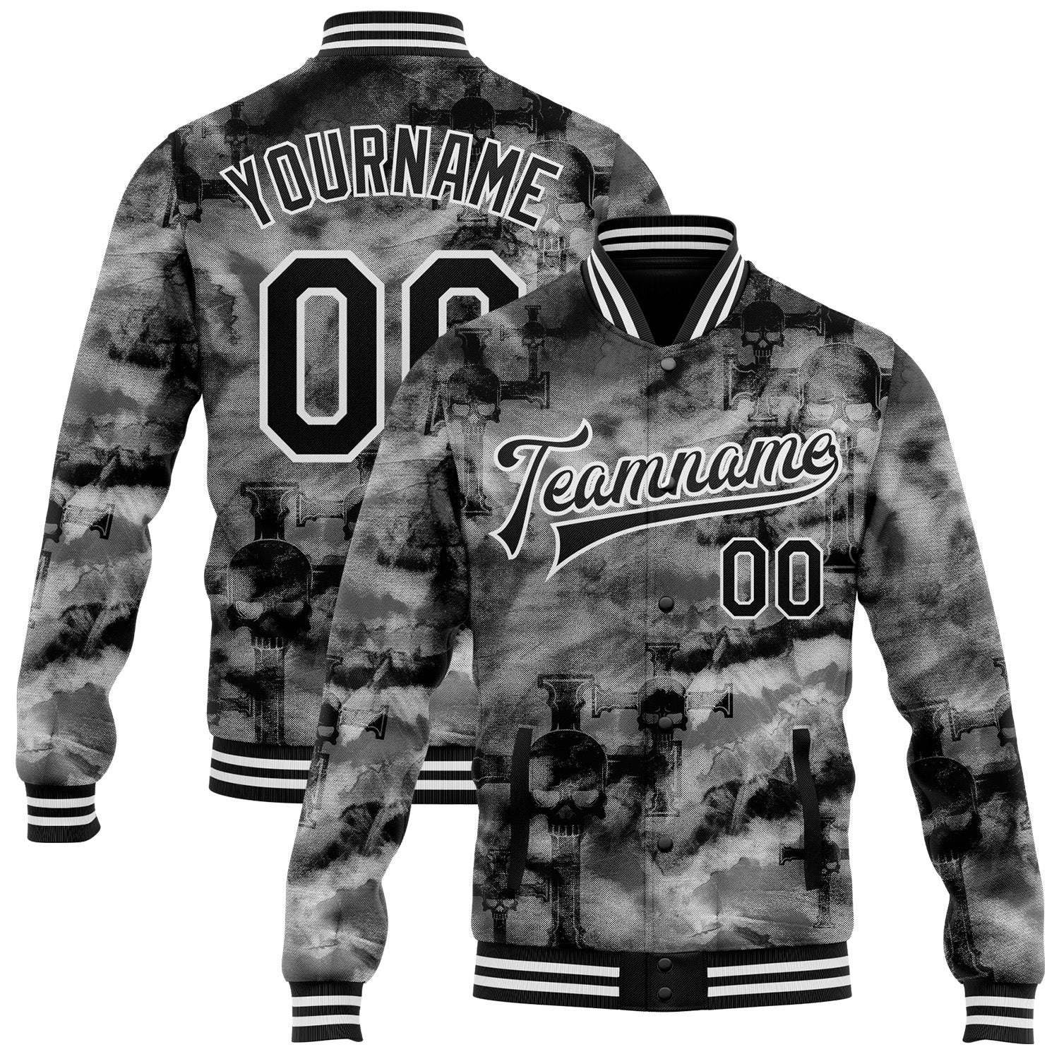Custom Tie Dye Black-White Gothic Crosses Bomber Full-Snap Varsity Letterman Jacket - Main View