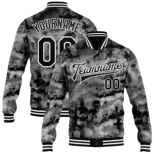 Custom Tie Dye Black-White Gothic Crosses Bomber Full-Snap Varsity Letterman Jacket - Main View