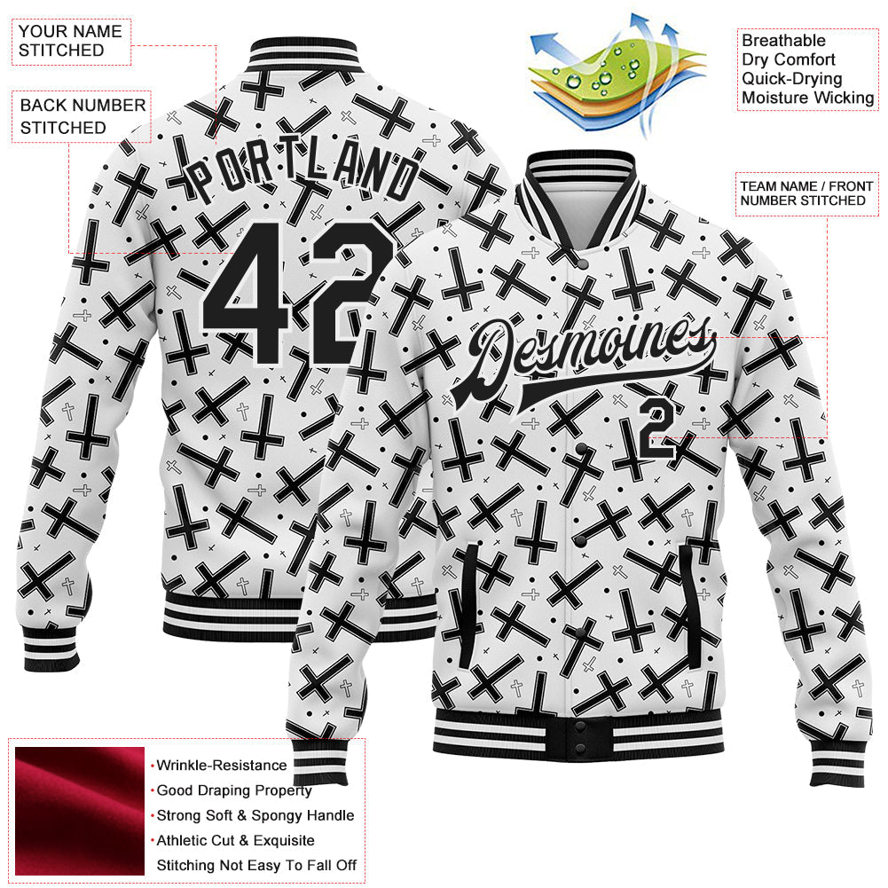 Custom White Black Gothic Crosses Bomber Full-Snap Varsity Letterman Jacket view 4