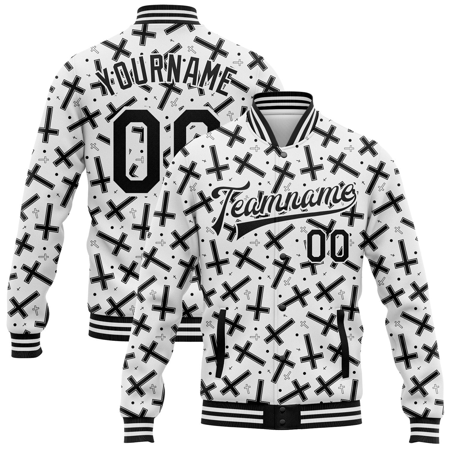 Custom White Black Gothic Crosses Bomber Full-Snap Varsity Letterman Jacket - Main View