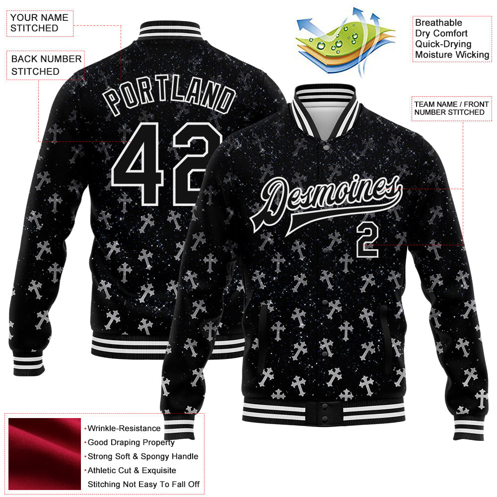 Custom Black White Gothic Glitter Crosses Bomber Full-Snap Varsity Letterman Jacket view 4